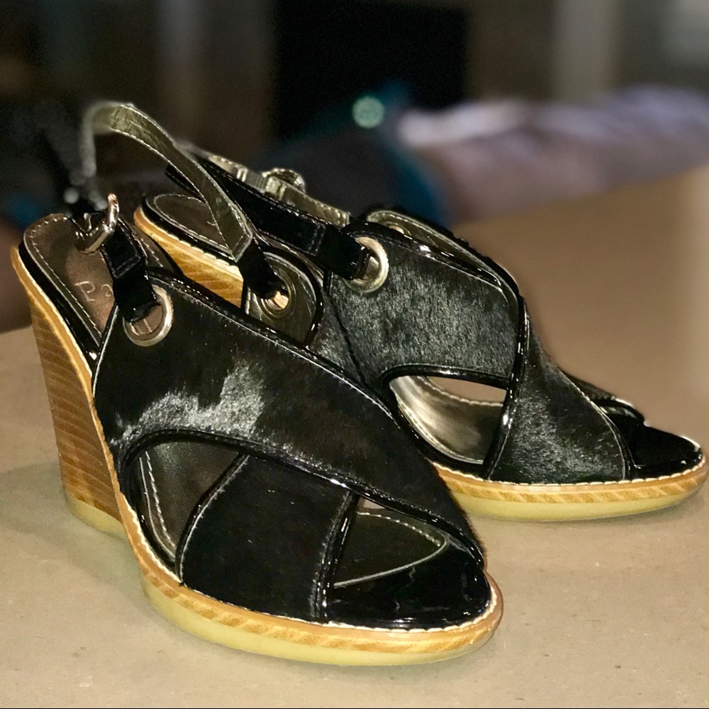 🔥 Paolo Black Hair-on & Patent Leather Wedge 7.5